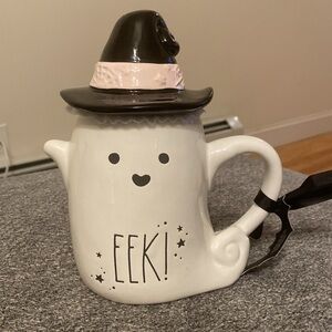 Rae Dunn Eek! Ghost Mug with Witch Hat with Pink Trim